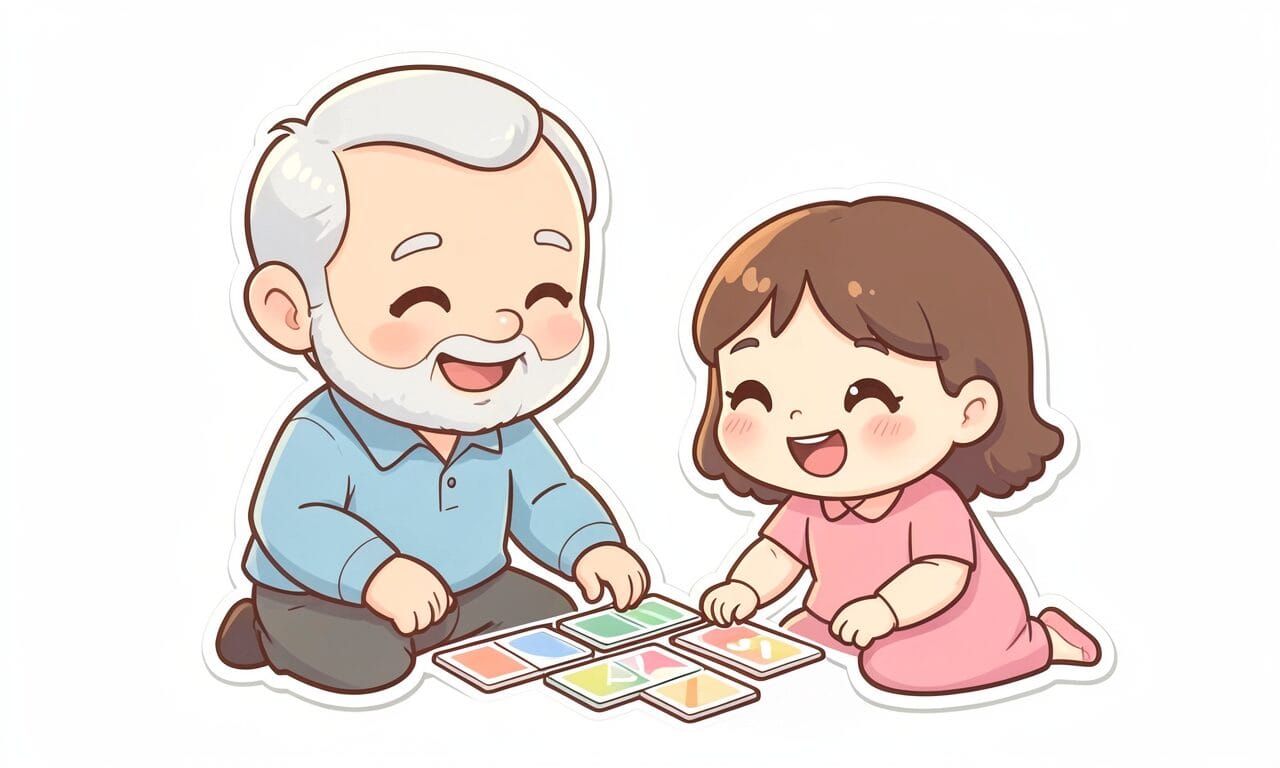 Abuelo jugando memorama con su nieta en una mesa