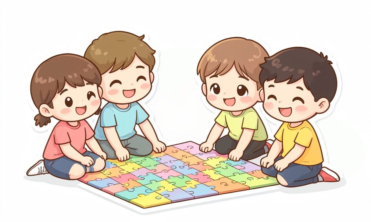 Niños armando un gran rompecabezas de colores en el suelo