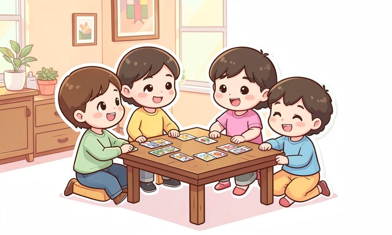 Familia jugando memorama juntos en una mesa