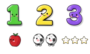 Numeros 1, 2 y 3 con una manzana, dos balones y tres estrellas